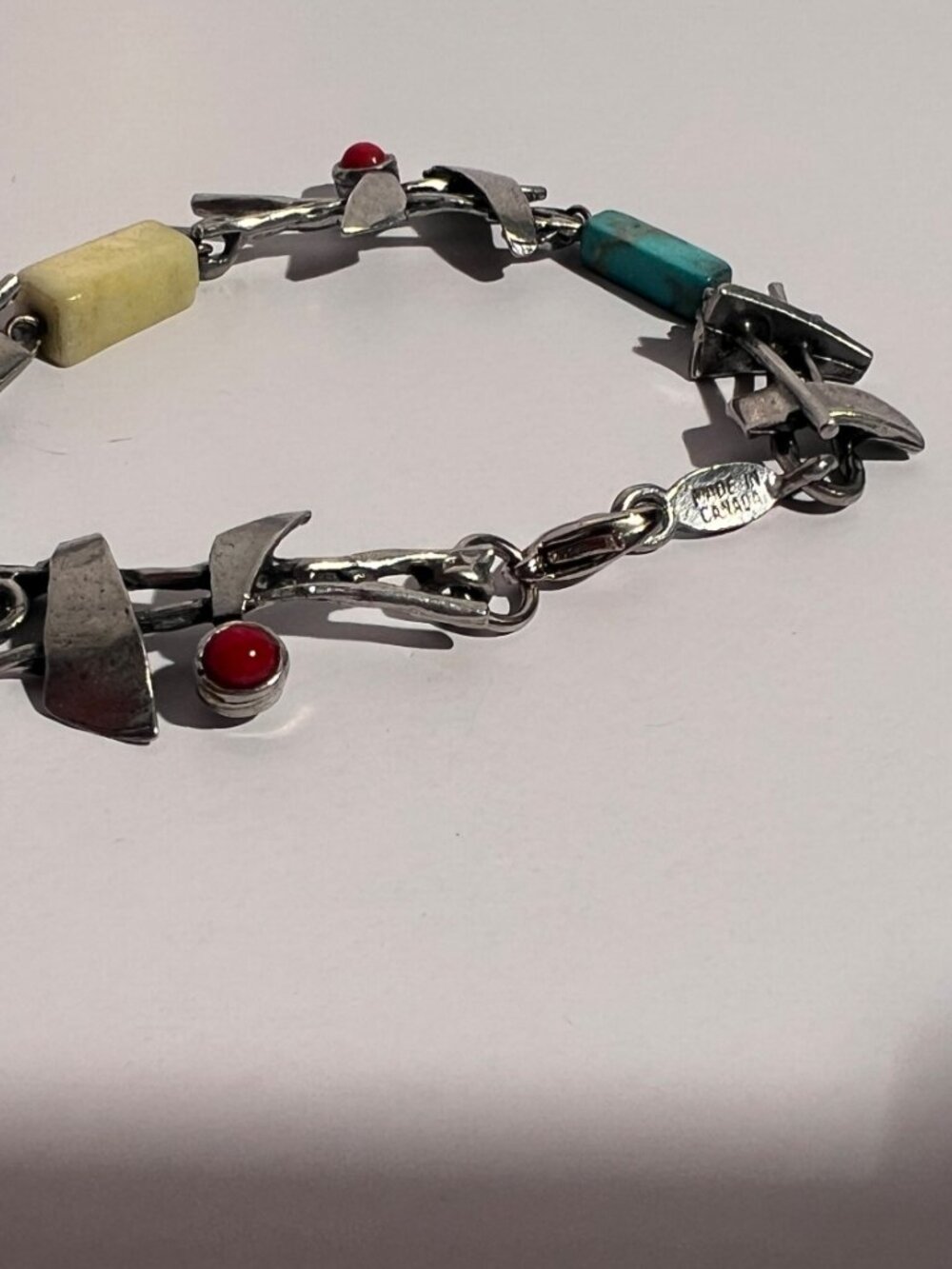 Vintage Sterling Silver Modernist Brutalist Link Bracelet – Turquoise & Red Cabo - Picture 2 of 12
